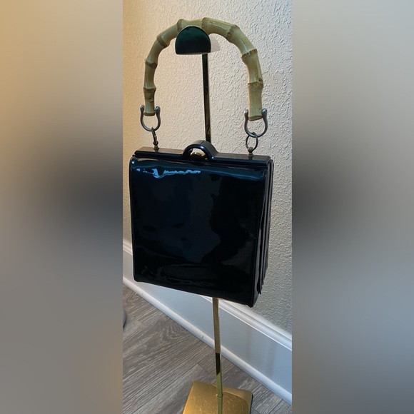 Vintage Evening Black Patent Vinyl Top Handle Handbag Purse, Bamboo Handle - Picture 2 of 11